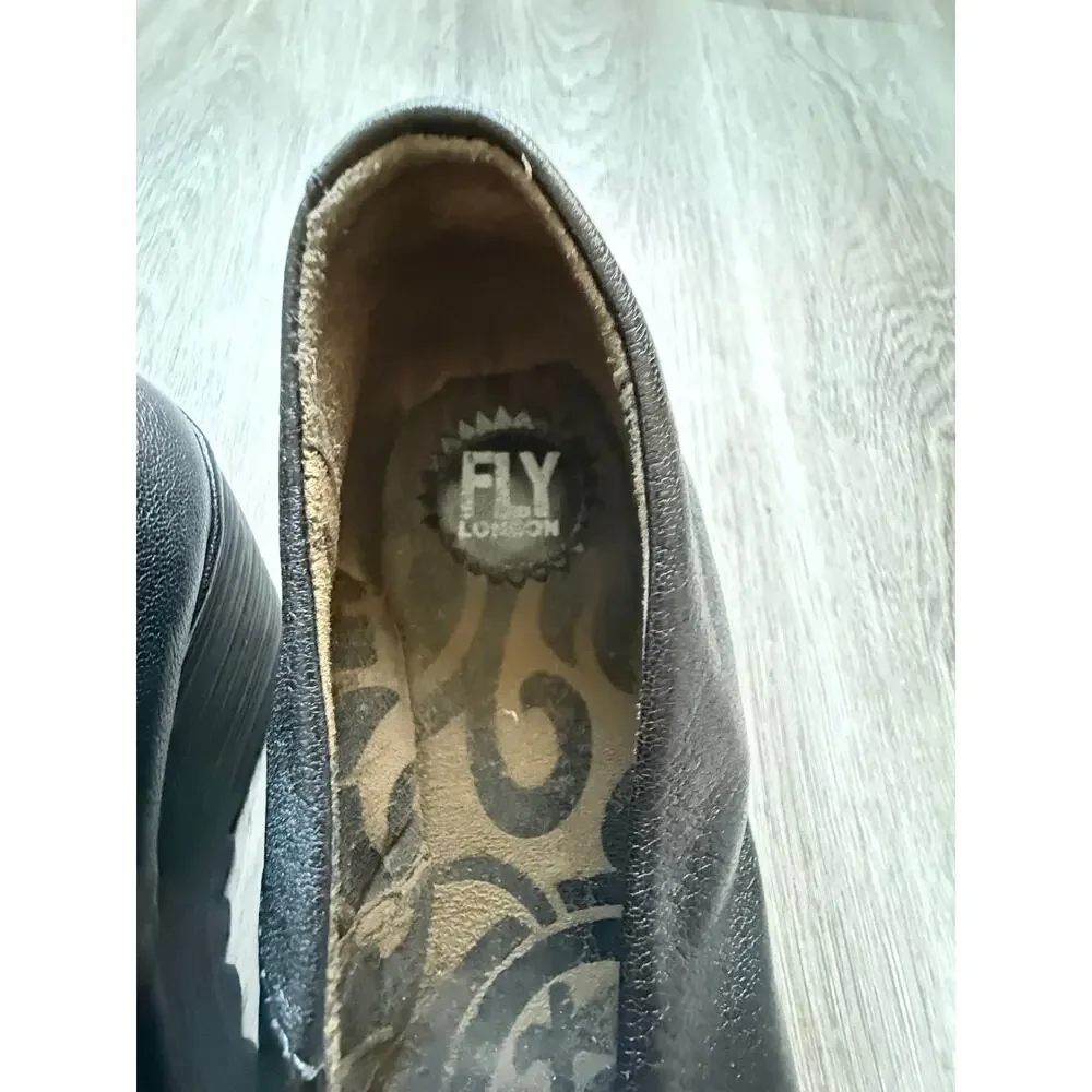 Fly Longdon Yaz Slip on Wedge Shoe, Black Leather, Women's size 38